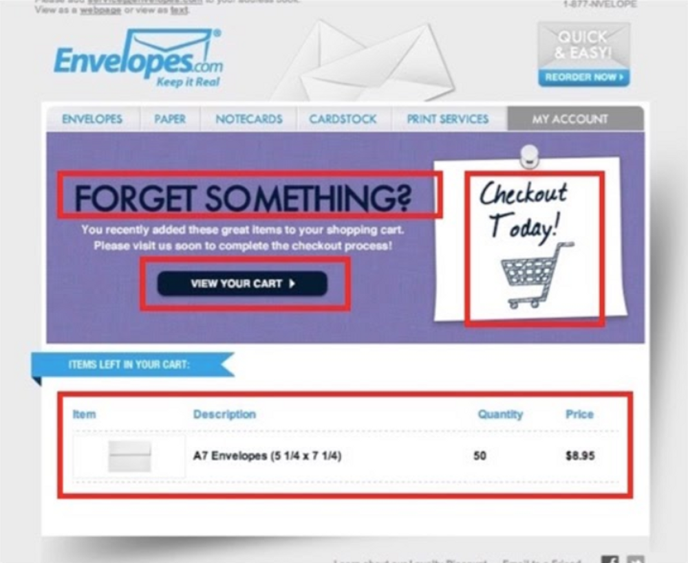 Esempio di email di carrello abbandonato di Envelopes.com