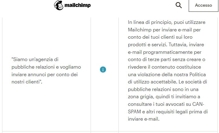 Comprare liste email. Policy Mailchimp.